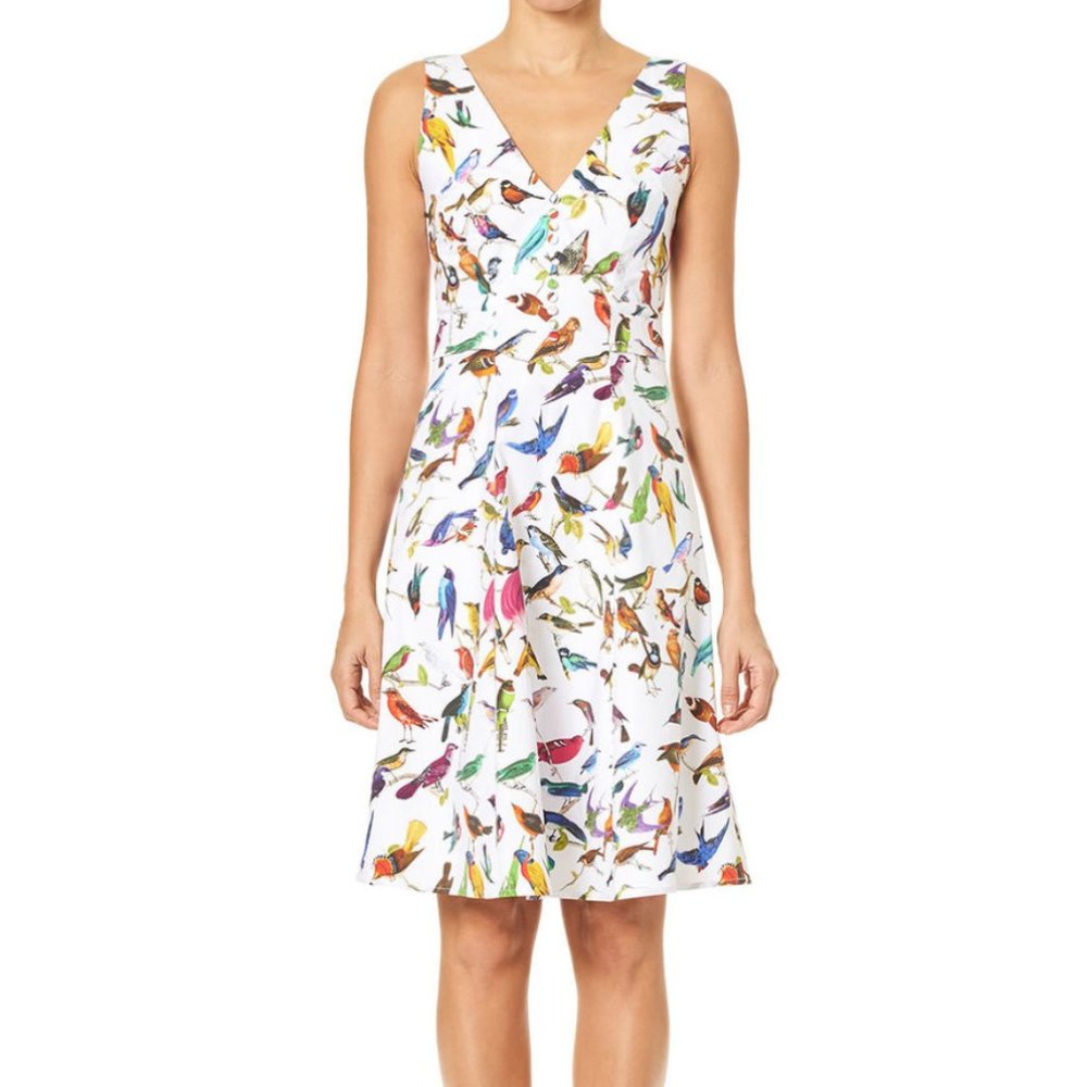 CAROLINA HERRERA V-Neck A-Line Bird-Print Dress SZ